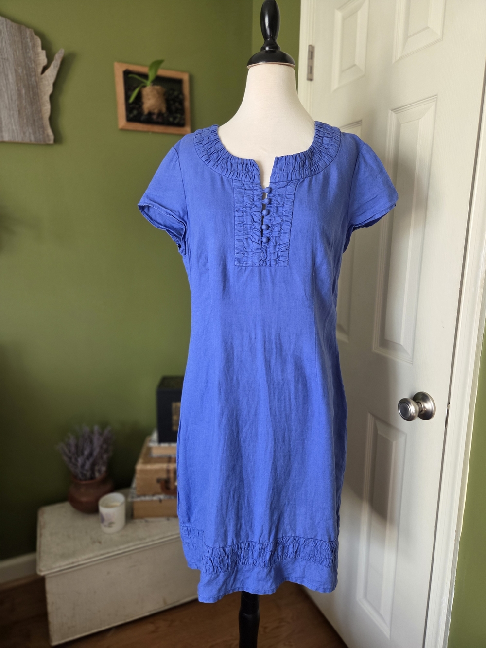 Boden Periwinkle Blue 100% Linen Ruffle-Neck Short Sleeve Dress